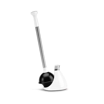Exposed view of Simplehuman White Toilet Plunger with Stainless Steel handle and self-closing caddy.
