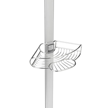 Close-up of Simplehuman Tension Shower Caddy adjustable shelf with integrated soap dish, polished stainless steel.