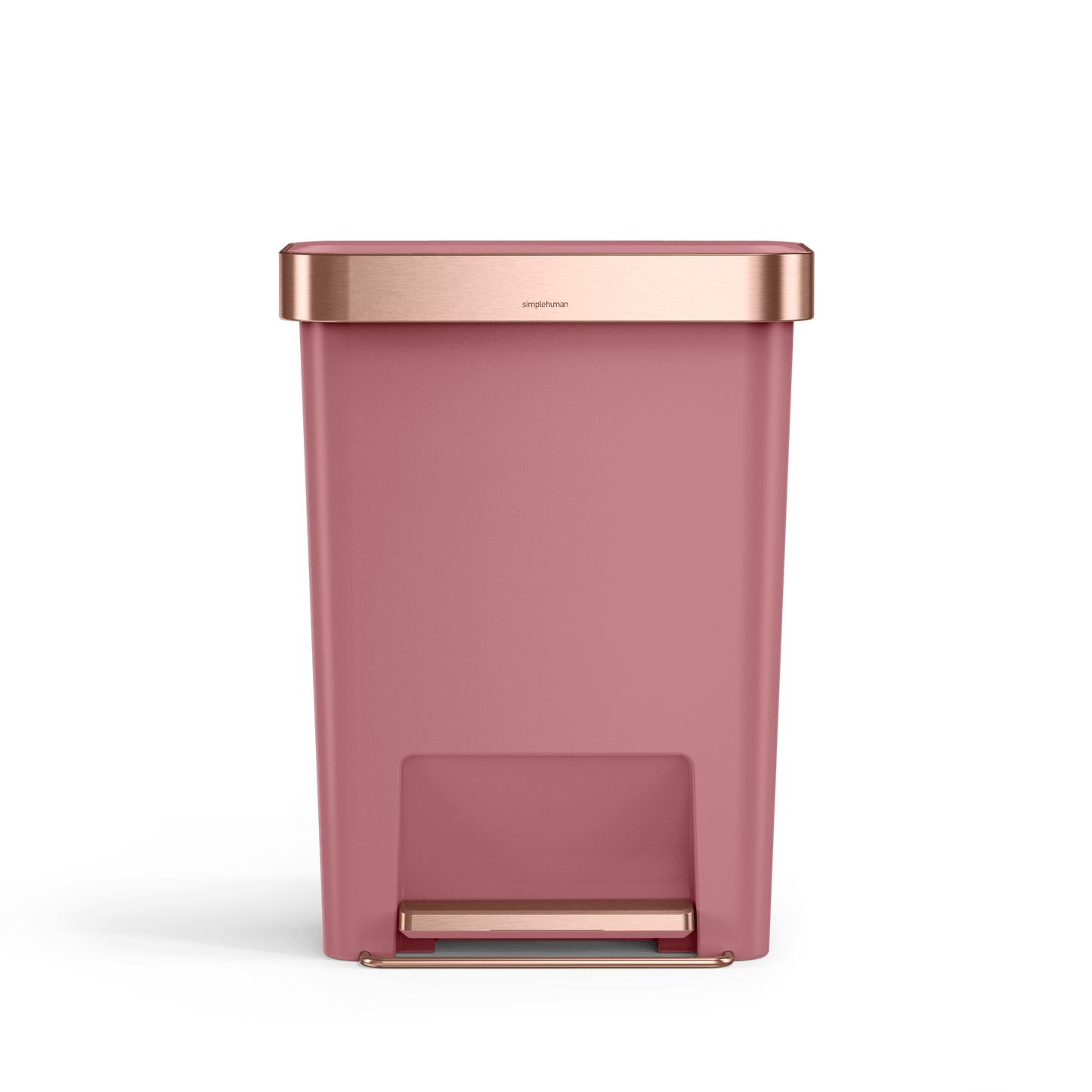 Simplehuman 45L Hybrid Rectangular Step Can, Dusty Rose/Rose Gold, hands-free operation.