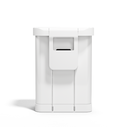 Simplehuman 55L Rectangular Step Can in White, back view showing the liner pocket dispenser for easy refills.