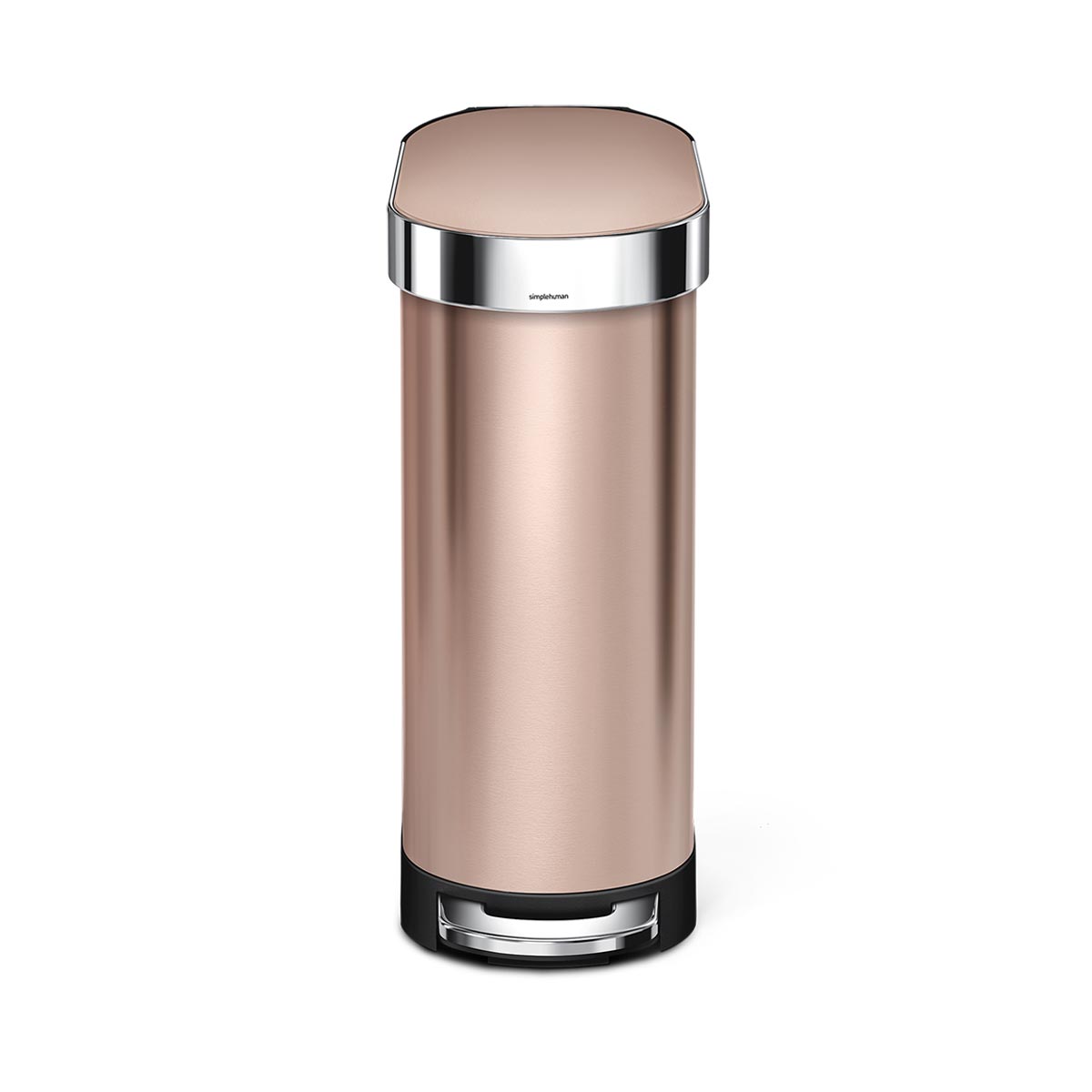 Simplehuman Front view of 45L Slim Step Can in Rose Gold with polished chrome accents and hands-free pedal.