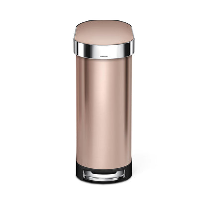 Simplehuman Front view of 45L Slim Step Can in Rose Gold with polished chrome accents and hands-free pedal.