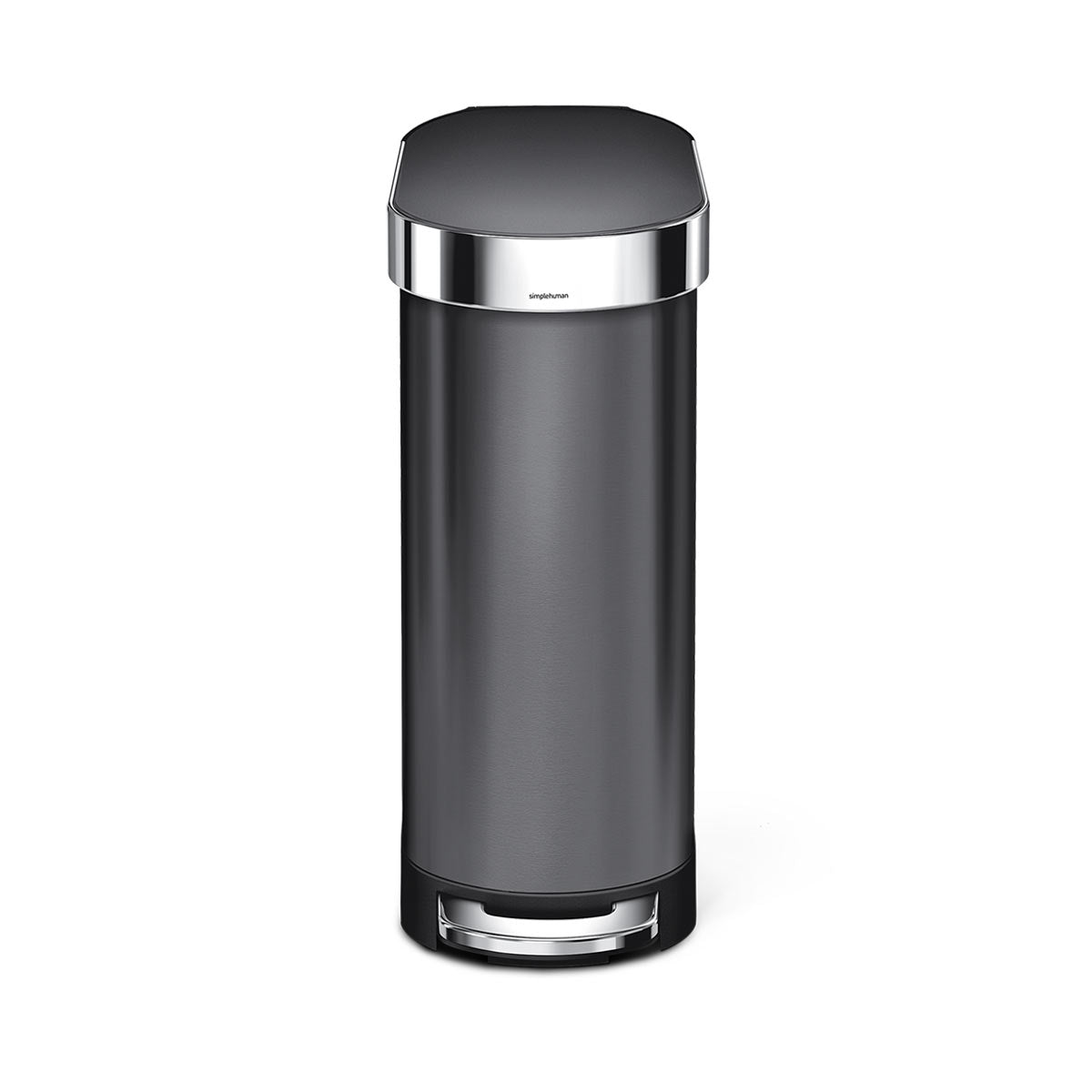 Simplehuman 45L Slim Step Can in Dark Bronze, space-saving profile with polished chrome liner rim and hands-free pedal.