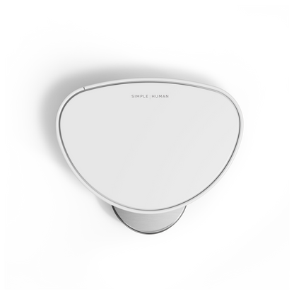 Simplehuman White 6L Semi-Round Step Can, Overhead view of the lid showing branding, space-saving design.