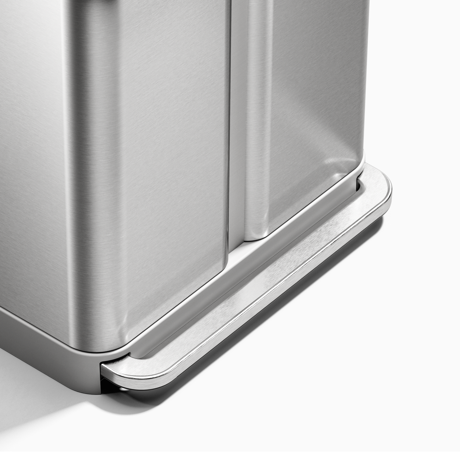 Detail view of Simplehuman 58L Step Recycler pedal in Brushed Stainless Steel, quiet hands-free operation.
