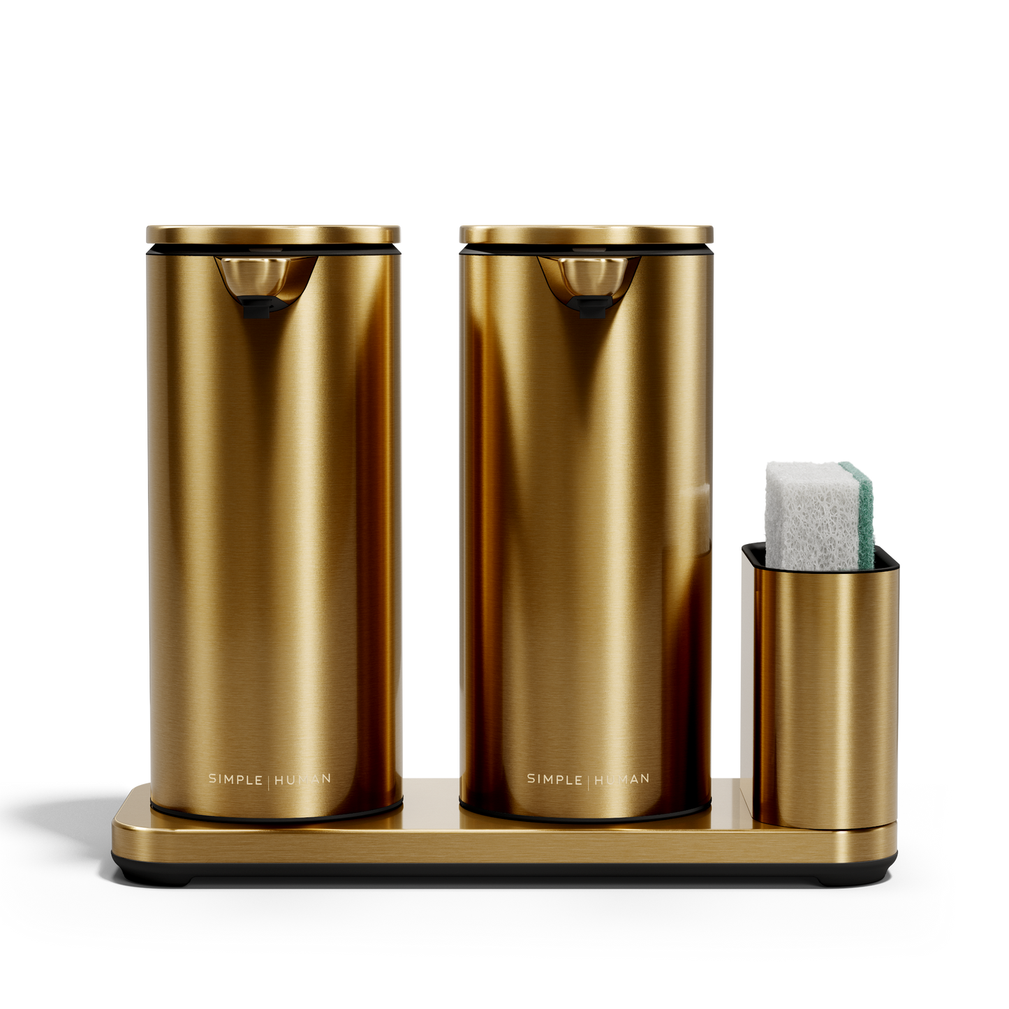 Simplehuman Brushed Brass Dual Sensor Pump 14 oz. with Caddy holding sponge, twin touch-free dispensers.