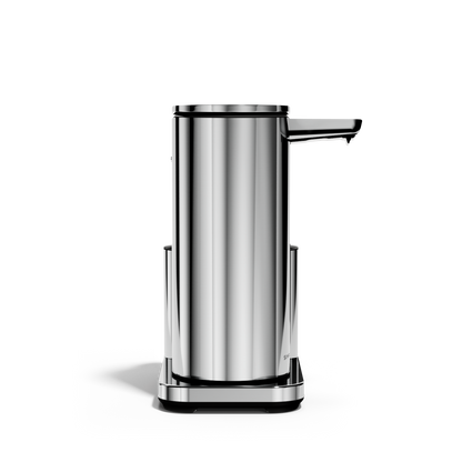 Studio front view: Simplehuman Polished Stainless Steel 14 oz Sensor Pump + Caddy, rechargeable touch-free dispenser.