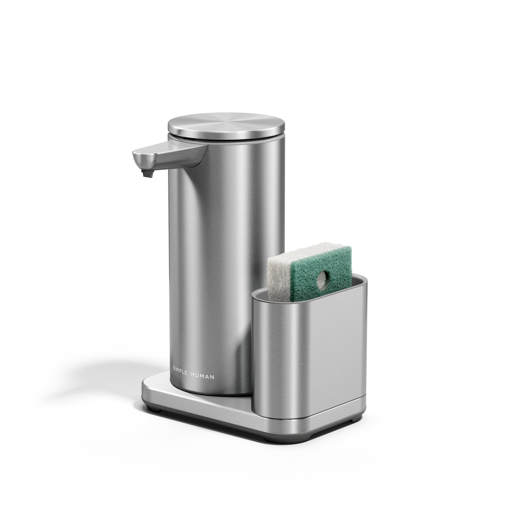 Angled view of Simplehuman 14 oz Sensor Pump + Caddy in Brushed Stainless Steel, touch-free operation.