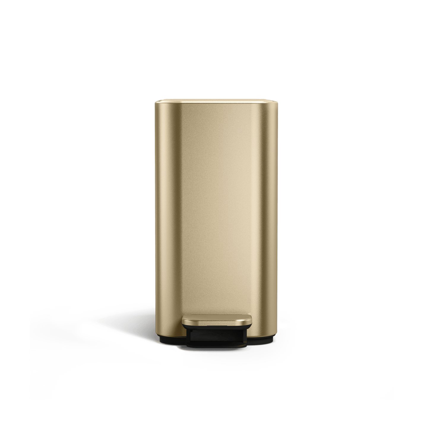 Simplehuman 5L Slim Step Can in Brass, Front view, hands-free slim design.