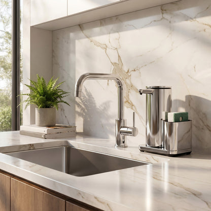 Simplehuman's 14 oz. Liquid Sensor Pump with Caddy in Polished in a modern kitchen setting with matching polish appliances, marble countertop and backsplash, as well as wooden cabinets in both wood and white finishes.